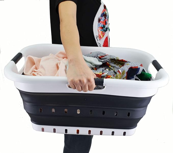 SAMMART 41L Collapsible 3 Handled Plastic Laundry Basket - Foldable Pop Up Storage Container/Organizer - Portable Basket - Space Saving Hamper/Basket (3 handled rectangular, White/Black)