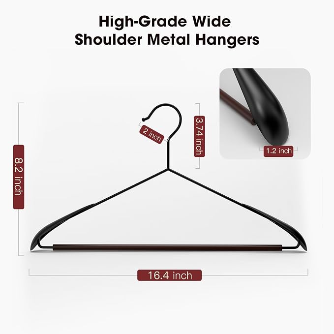 Metal Hangers 24 Pack Suit Hangers,Sweater Hangers No Shoulder Bump,Wide Shoulder Hangers with Wood Pant Bar,Suit Hangers for Men,for Sweaters, Suits, Dresses, Jackets, Pants