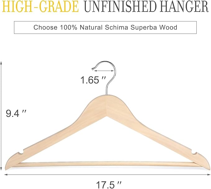 TOPIA HANGER Unfinished Natural Wooden Hangers 18 Pack-360° Swivel Hook and Smoothly Cut Shoulder Notches-Premium Wood Clothes Hangers for Suit, Coat, Jacket, Pant, Camisole-CT10N