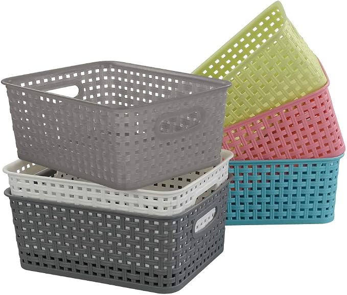 Mixed Color Rectangle Storage Baskets, Plastic Weave Shelf Baskets, 6 Packs