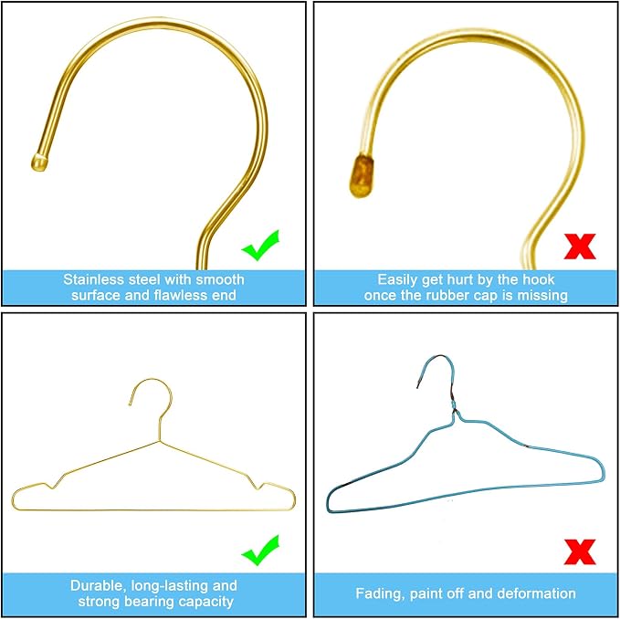 Clothes Hangers 50 Pack Coat Hangers Wire Hangars Bulk Metal Hanger Non Slip Heavy Duty Clothing Hangar Space Saving Thin Hangars Stainless Steel Hanger for Clothes, 16.5 Inch Gold