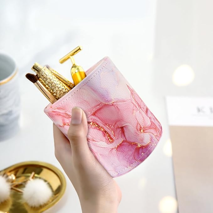 Pen Holder for Women Girls, Pencil Cup Pink Desk Decor, Makeup Brush Holder Large Pu Leather Multi-Functional Organizer Cup for Office, Classroom, Home, Red Marble