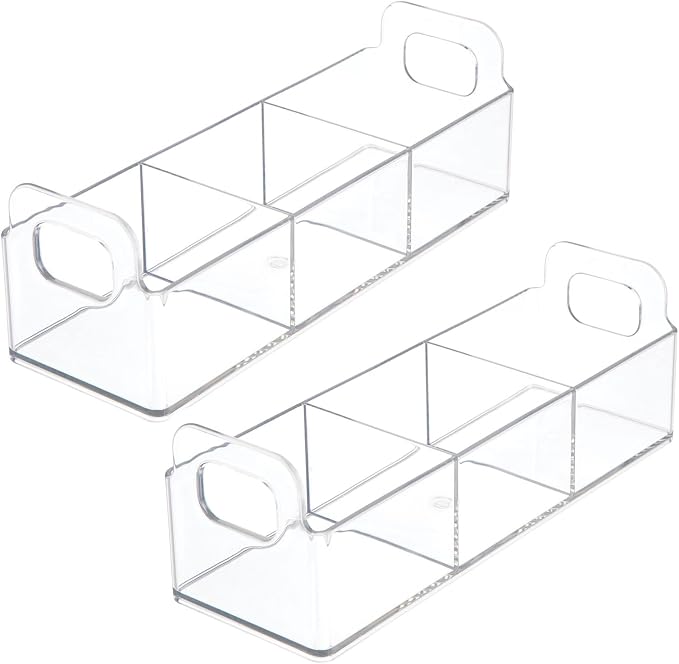 mDesign Plastic Condiment Organizer and Tea Bag Holder - 9" Long Kitchen Pantry/Countertop Storage Caddy - Divided Chip, Snack, Granola, Oatmeal Packet Holder - Lumiere Collection - 2 Pack - Clear