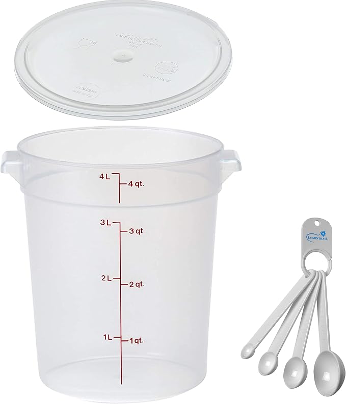 Lumintrail Cambro 4 Quart Round Food Storage Container, Translucent, with a Translucent Lid, Bundle with a Measuring Spoon Set