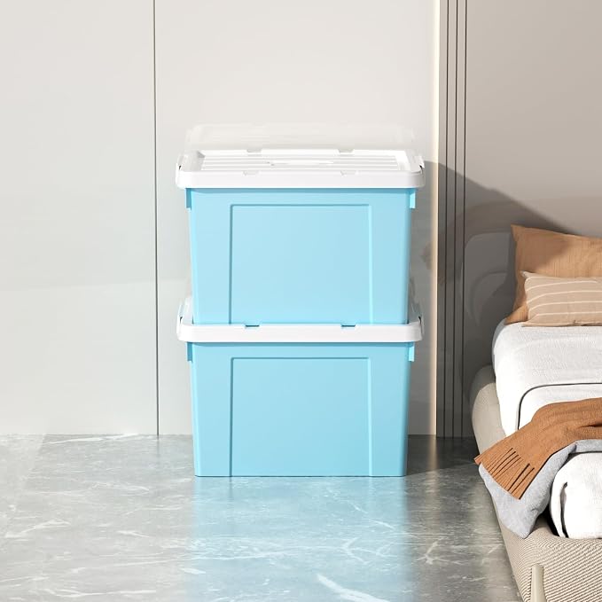 Cetomo Lidded Storage Bin with Handle, Tote Organizing Container with Durable Lid and Secure Latching Buckles, Stackable and Nestable, Plastic, 50 Quart-4 Pack, Blue