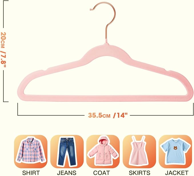 Kids Hangers 50 Pack,14 Inch Kids Velvet Hangers Slim & Space-Saving,Baby Clothes Hangers with 360 Swivel Hook,Heavy Duty Hanger for Infant & Childrens Coats, Pants,and Dress (Pink)