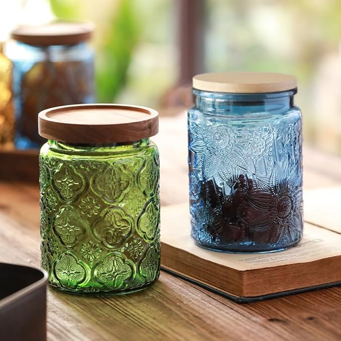 ANSQU 2 Pack Blue Glass Canisters with Lids, 23.7 oz Vintage Embossed Glass Jars, Airtight Food Storage Containers for Coffee Beans, Tea, Sugar, Candy, Cookies, Decorative Kitchen Pantry Organizer