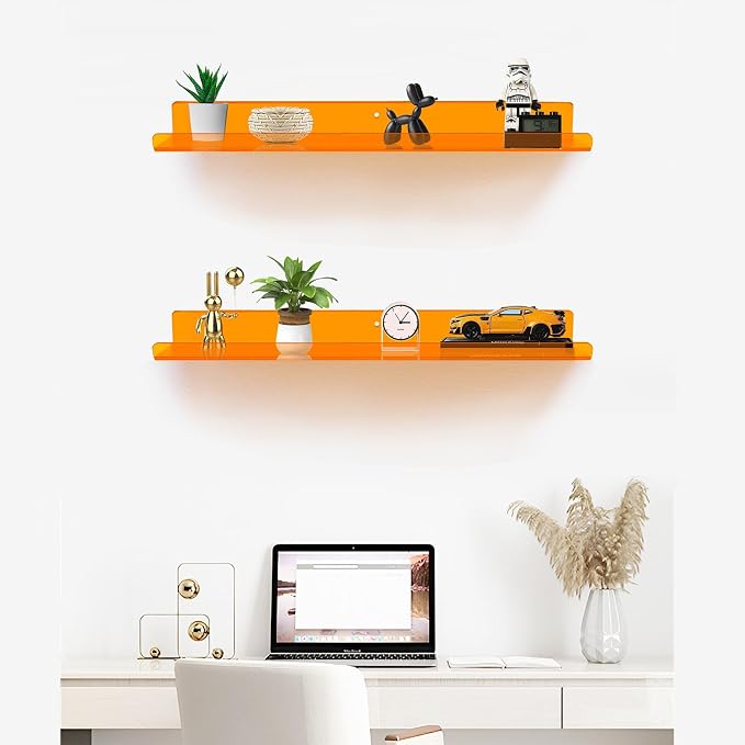 ROYALITA 2-Pack Acrylic Shelves Wall Mounted, 24 Inch Floating Shelves | for Small Items Plants Organize Wall Shelves for Gaming Room, Bedroom, Living Room, Office, Orange