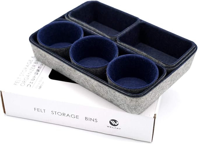 Welaxy 8-piece office desk drawer organizers trays felt small Storage bins shallow box draw dividers for Office supplies Multi-purposed organize gifts idea for men (Navy)