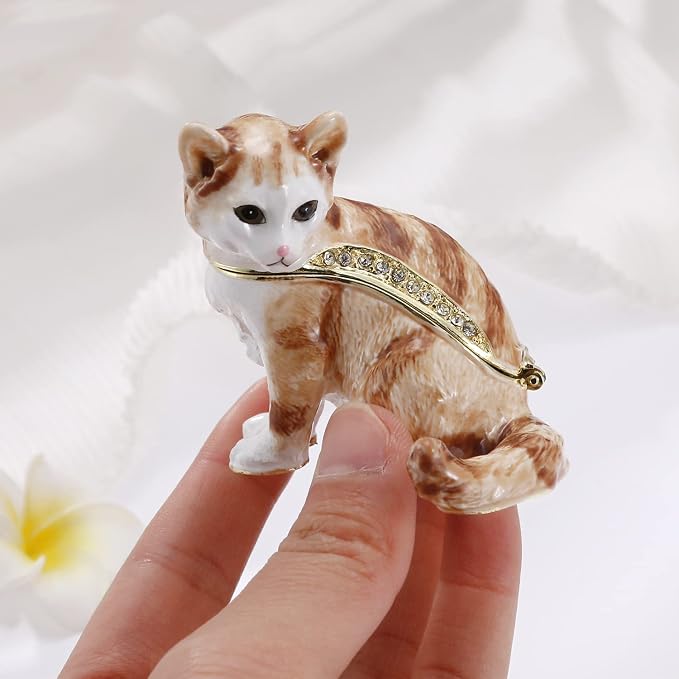 Hand Painted Animal Trinket Box for Home Decor, Hinged Jewelry Organizer Storage, Unique Personalized Collectible Keepsake Figurine Handmade Decorative Ornament Gifts (Cat)