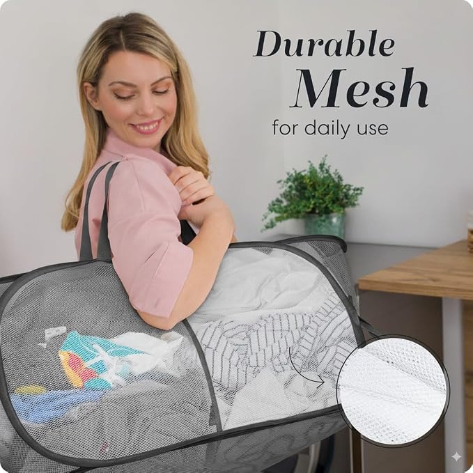 Pop Up Laundry Hamper 2-Compartment, Collapsible Mesh - Handy Laundry | Divided 77L Basket with Handles, Ventilated Breathable Fabric, Foldable Flat for Dorm, Travel, Home, Black, Sorting Bin