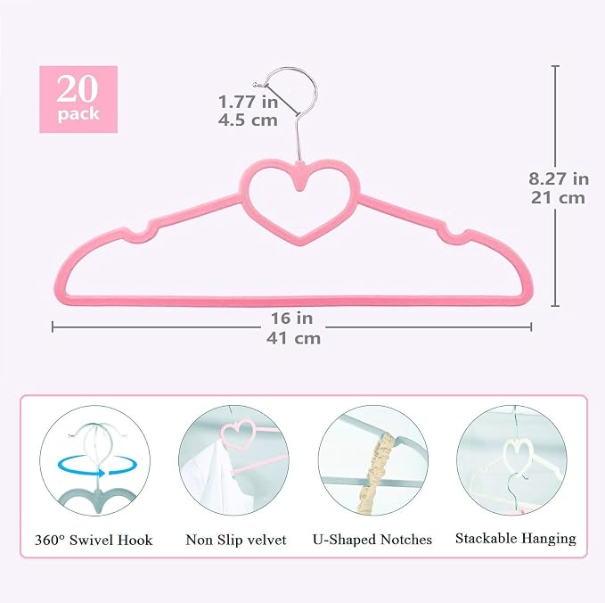 Velvet Hangers 20 Pack, 16" Non Slip Adult Hangers, Slim Clothes Hanger with 360 Degree Swivel Hook - Durable & Cute for Coats, Shirts, Dress (Pink) | 360° Swivel Hooks, Cascade Design, Space Saving, Slim