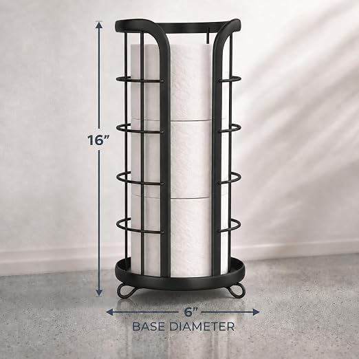 BROOKSTONE Toilet Paper Holder Stand Reserve - Free Standing Toilet Paper Stand with Storage that Holds Mega Rolls, Standing Bathroom Tissue Organizer, Bathroom Decor - Modern Storage Holder, Black