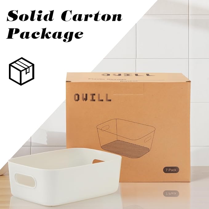 OWill 7 Pack Plastic Storage Bins, 4.2L Small Organizer Baskets with Handles, Pantry Cabinet Bathroom Classroom Storage Containers, Colorful Shelf Bins for Home Kitchen Closet Organization