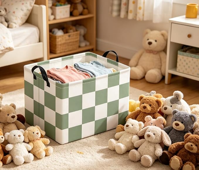 Rectangular Baby Kids Storage Basket for Home Kitchen Girls Cute Toy Storage Bin Organizer Shelf Book Room Decor(Green Checkered)