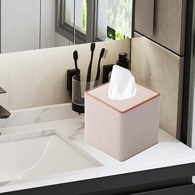 Tissue Box Cover Square Tissue Box Holder PU Leather Facial Organizer with Magnetic Bottom,Decorative Napkin Caddy for Vanity Dresser Night Stand Table Countertop Home Office Car,Beige