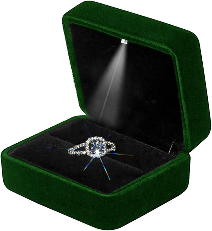Ring Box with LED Light Velvet Emerald Jewelry Box