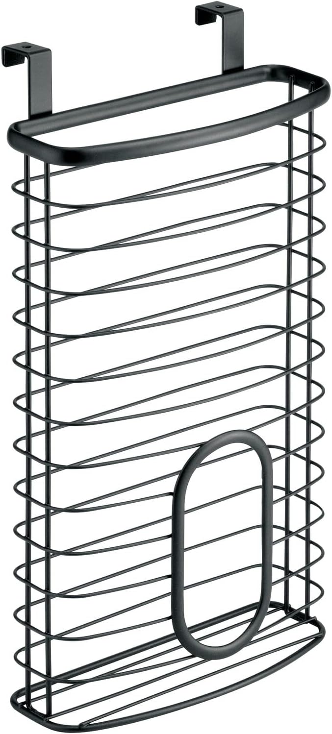 mDesign Steel Hanging Cabinet Storage Organizer Holder for Kitchen, Pantry - Holds Plastic, Sandwich, Garbage, Grocery and Trash Bags; Wrap, Foil, Pack - Spira Collection - Black