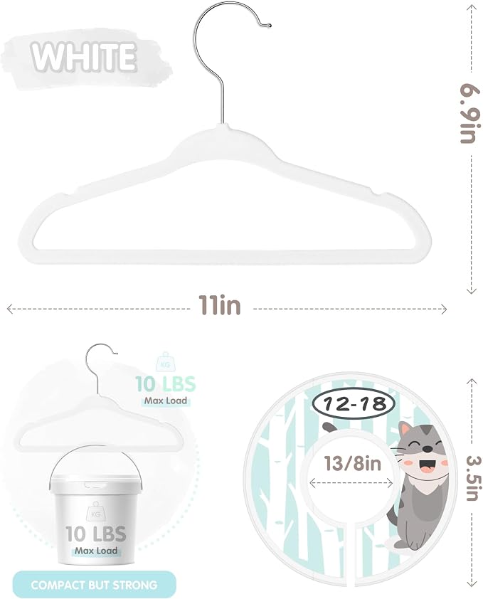 VIS'V Velvet Baby Hangers with 6 Pcs Size Dividers, 11 Inch, White, 50 Pcs | Compact Size, Non Slip, Infant Toddler Nursery Closet Organization
