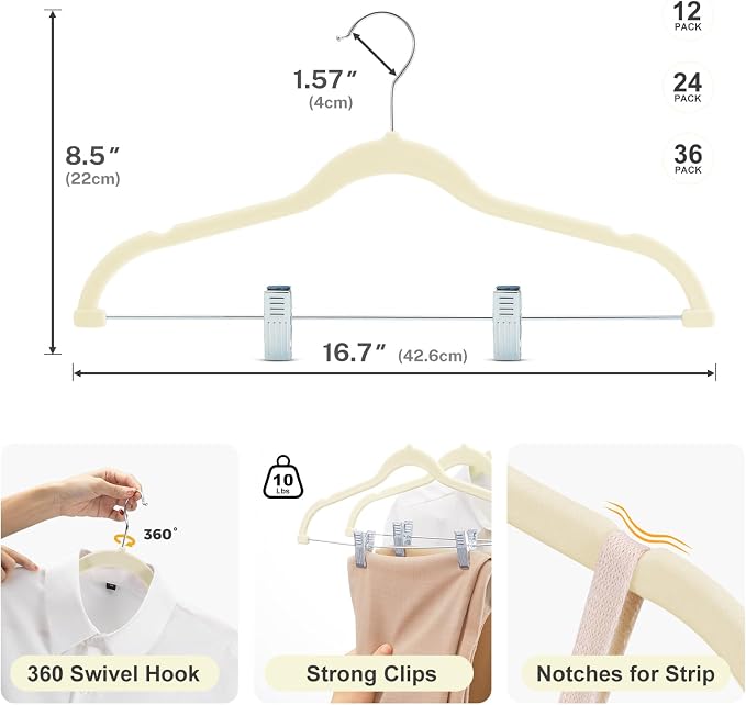 HOUSE DAY Velvet Skirt Hangers 36 Pack, Beige Hangers with Adjustable Clips | Space Saving Slim Felt Pant Hanger, Heavy Duty Shorts Hanger, Non Slip Clip Hangars for Pants, Skirts, Shorts, Outfit