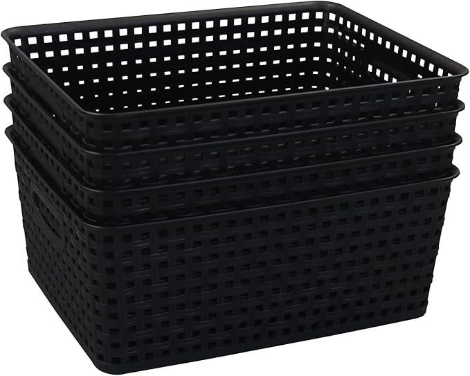 Morcte Plastic Weave Shelf Basket, 4-Pack Plastic Baskets Organizer, Black