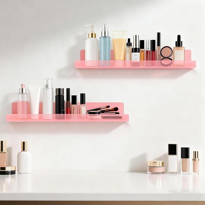 Dezzer 6 Pack Acrylic Shelves for Wall, 15" Acrylic Floating Shelves for Bathroom Bedroom, Invisible Bookshelf Wall Ledge Storage Shelf Books Perfume Toys Action Figure Display Shelves, Pink