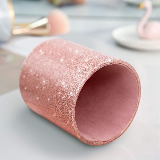 Pen Holder for Desk, Pencil Cup Pink Glitter Bling for Women Girls, Luxury Makeup Brush Holder Large Pu Leather Multi-Functional Organizer Cup for Office, Classroom, Home, Rose Gold
