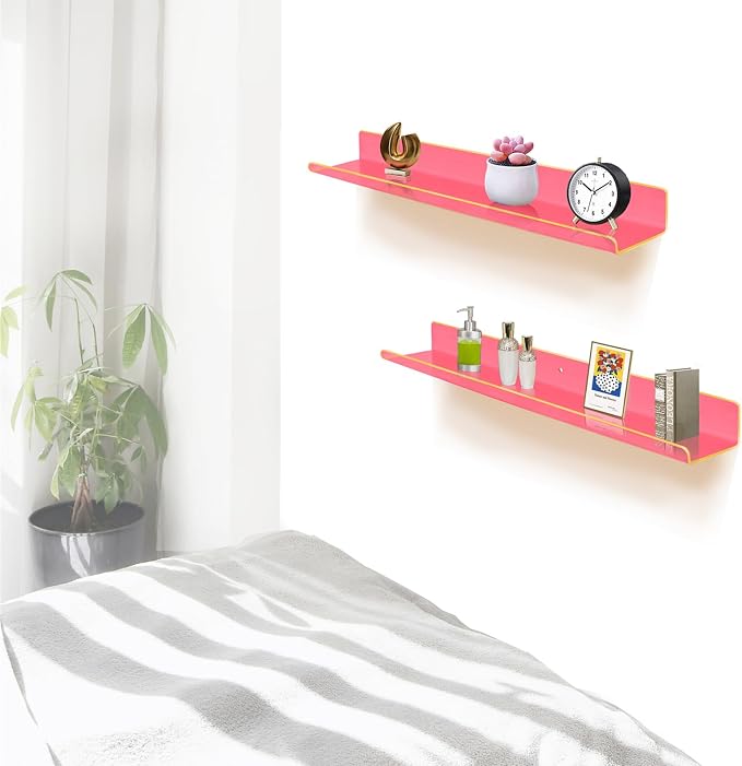 ROYALITA 2-Pack Acrylic Shelves Wall Mounted, 24 Inch Floating Shelves | for Small Items Plants Organize Wall Shelves for Gaming Room, Bedroom, Living Room, Office, Pink