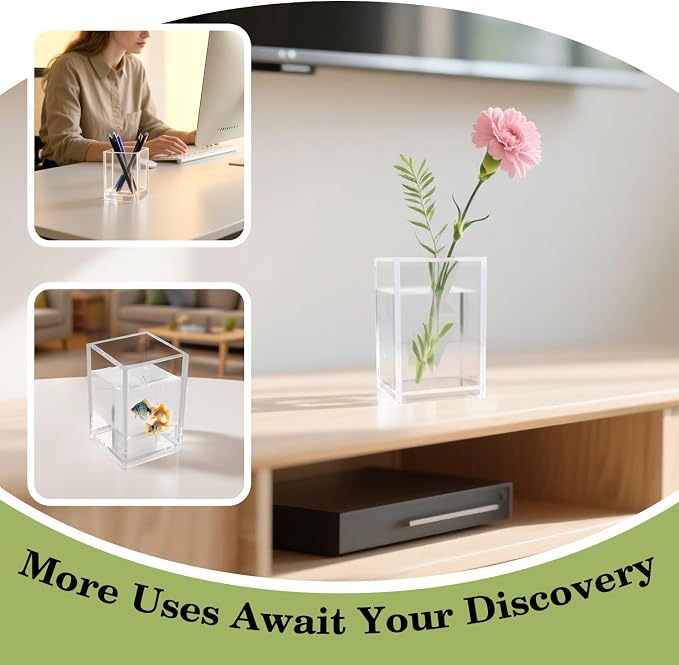 10 Pack Clear Acrylic Pen Holders For Desk, Pencil Cup Makeup Brush Holders | Square Acrylic Pen Cups For Pens, Markers And Makeup Brushes; Desktop Organizer For Office, School, Home And Vanity Supplies