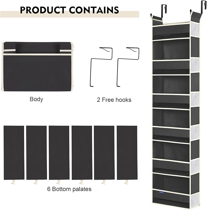 Over The Door Hanging Organizer 6-Shelves and 12 Side Pockets, Over The Door Storage Organizer, Back of Door Organizers for Baby Accessories and Children's Toys (13"x5"x54", Black)