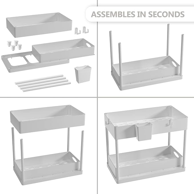Under Sink Organizers and Storage | Bathroom Cabinet Organizer, Sink Shelf with Utility Hooks and Side Caddy for Under Cabinet Storage | White (2-Pack) Under Kitchen Sink Organizer with Sliding Drawer