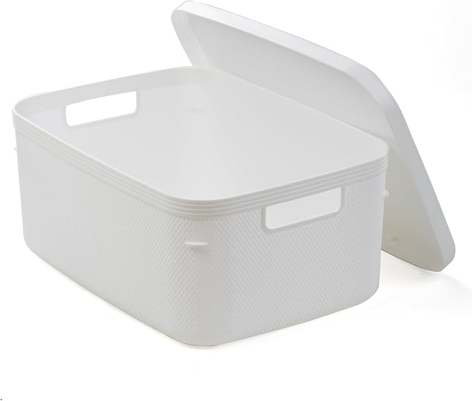 BINO | Plastic Storage Bins with Lids, 13 Liter - 3 Pack, White | THE TWILL COLLECTION | Plastic Bins for Organization | Woven Storage Baskets for Organizing | Pantry Shelf Organizer Basket Bin