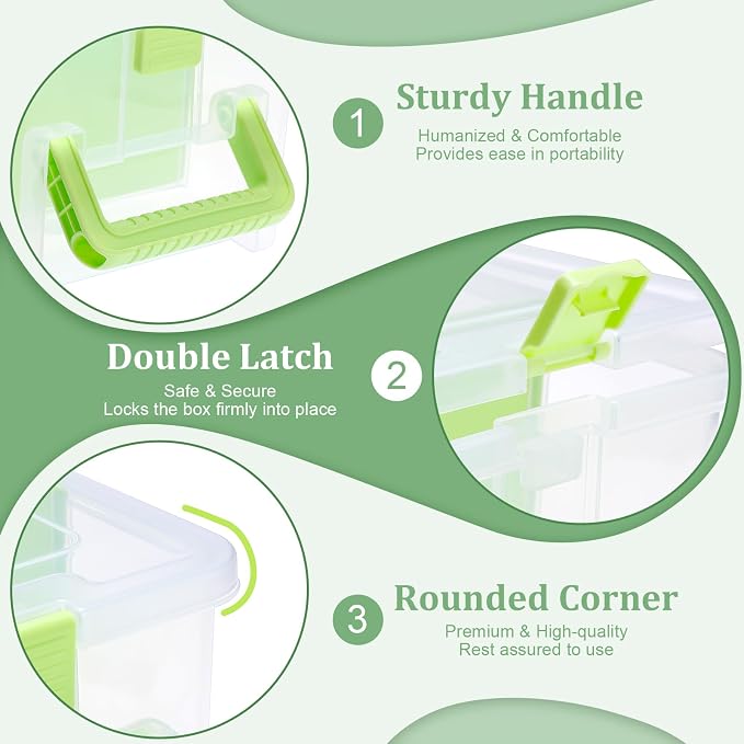 BTSKY Clear Plastic Dividing Storage Box with 4 Deep Compartments Adjustable Storage Bin with Lid Portable Craft Container Multipurpose Sewing Box Art Supply Organizer, 13.9x7.9x6.2 Inches, Green