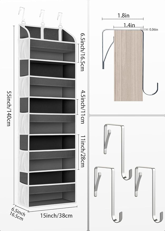 TAHAVICE Over the Door Organizer Storage, 5 Large & 10 Mesh Pockets | Hanging Organizer Closet College Dorm Essentials for Girls, Storage for Dorm Organization, Nursery & Bedroom (Dark Grey)