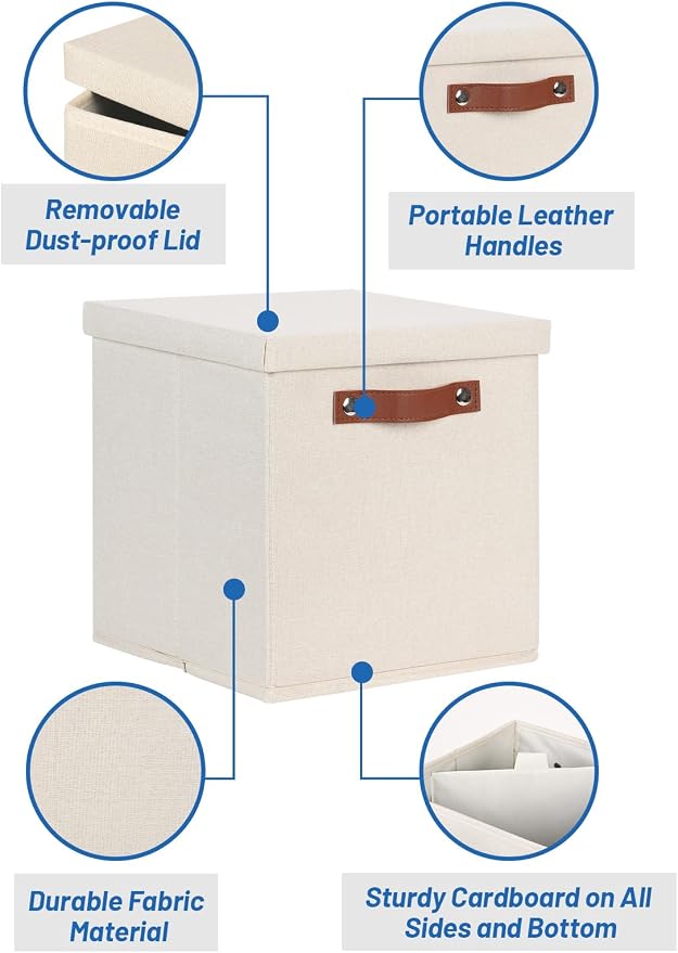 Temary Fabric Storage Bins with Lids 13 Inch Storage Cubes with Lid, Decorative Foldable Storage Boxes for Clothes, Closet Organizers (Beige, 13x13x13inch)