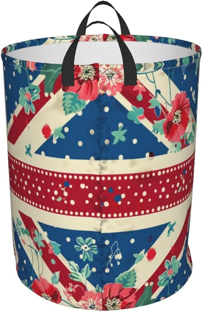 British Flag In The Floral Laundry Basket,Laundry Hamper,Collapsible Storage Bin, Oxford Fabric Clothes Baskets,Nursery Hamper For Home,Office,Dorm,Gift Basket