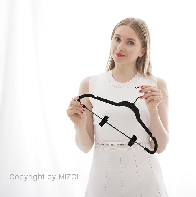 MIZGI Premium All Black Velvet Pants Hangers with Adjustable Clips (Pack of 20) Slim Skirt Hangers- Non Slip Felt Outfit Dress Hangers- Black Hooks,Space Saving Shirt Clothes Hangers