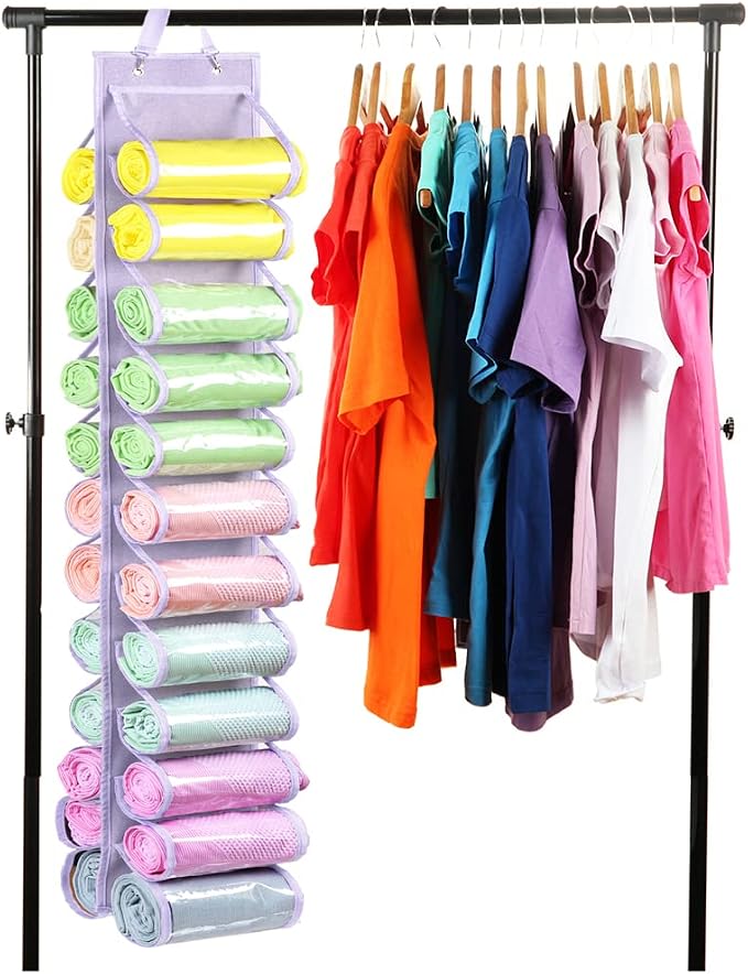 Legging Storage Bag Storage Hanger Can Holds 24 Leggings or Shirts Jeans Compartment Storage Hanger, Foldable Leggings Organizer Clothes Portable Closets Roll Holder (Light Purple)