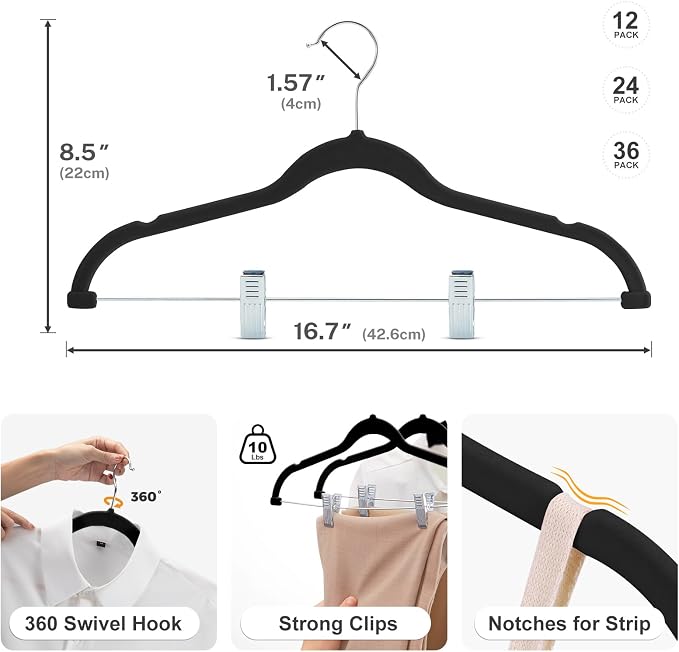 HOUSE DAY Velvet Skirt Hangers 36 Pack, Black Velvet Pant Hangers with Adjustable Clips, Space Saving Slim Shorts Hanger, Heavy Duty Non Slip Clip Hanger for Pants, Skirts, Shorts | with Adjustable Clips, Space Saving Slim Shorts Hanger, Heavy Duty Non...
