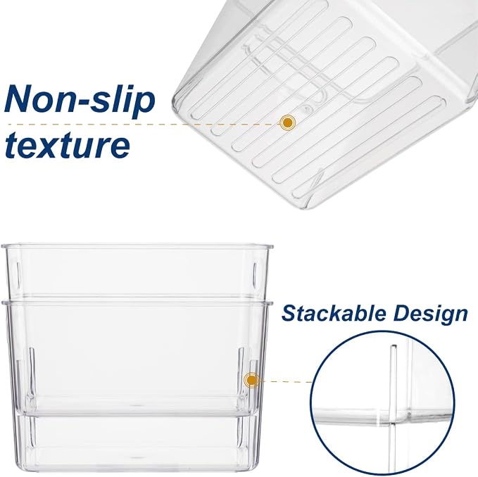 Set Of 8 Clear Pantry Organizer Bins - Plastic Stackable Fridge Organizer Bins For Kitchen, Cabinet And Countertops - BPA Free (4 Small & 4 Large)