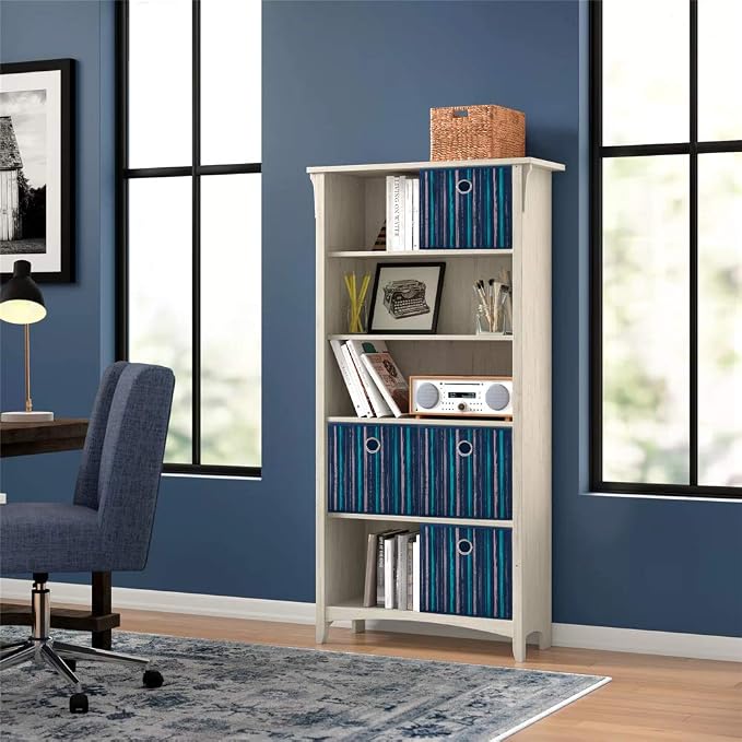 11x11x11 Inch 3 Pack Cube Storage Bins, Blue Fabric Storage Cubes with Teal & Khaki Vertical Gradient Stripes, Collapsible Cloth Storage Bins for Shelves Closet Cubbies