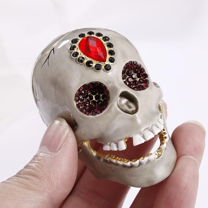 Hand Painted Animal Trinket Box for Home Decor, Hinged Jewelry Organizer Storage, Unique Personalized Collectible Keepsake Figurine Handmade Decorative Ornament Gifts (Skull Head)