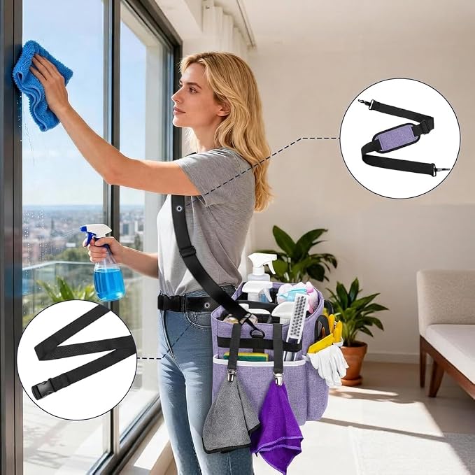 Ytonet Cleaning Caddy, Wearable Cleaning Supplies Organizer with 4 Foldable Dividers, Large Cleaning Caddy for Cleaning Supplies with Handle and Shoulder Straps, Cleaning Bags for Housekeepers, Purple