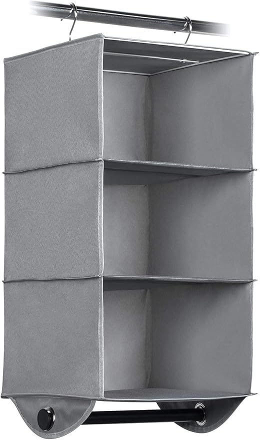 HOLDN’ STORAGE Hanging Closet Organizer with Garment Rod, 3-Shelf | Heavy Duty Hanging Shelves for Clothes, Sweaters & Shoes, 600D Fabric Storage Unit with Built-in Clothing Rod, Grey