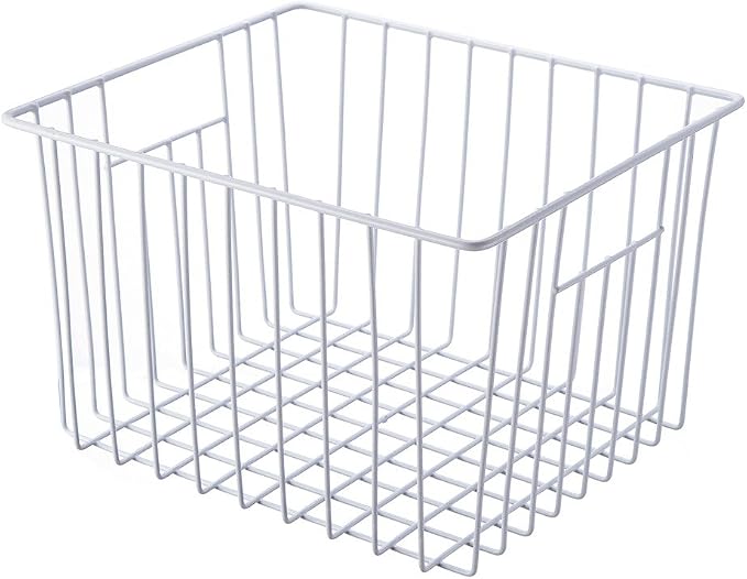 SANNO Freezer Baskests Organizer Bins, Freezer Wire Storage Basket Refrigerator Storage Baskets Bins Organizer with Built-in Handles for Cabinets, Pantry, Closets, Bedrooms - Set of 2 White