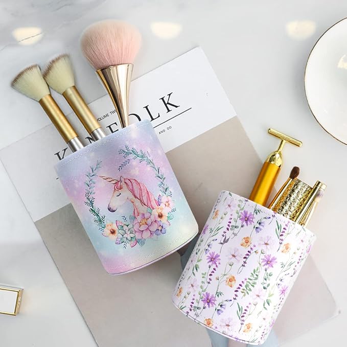 Pen Holder, Makeup Brush Holder Leather Cute Vintage Flowers Pattern Pencil Cup for Girls Kids Women Durable Stand Desk Organizer Storage Gift for Office, Classroom, Home, Cute Flower