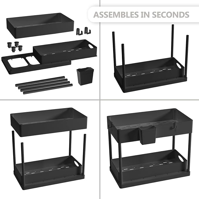 Hearth & Harbor 2-Tier Under Sink Organizer, Black, Plastic, 12" H x 8" W x 15.5" L