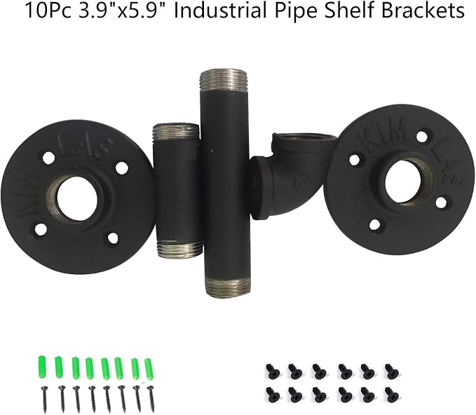 Yuanshikj (10Pc, 3.9"x5.9" Industrial Pipe Shelf Brackets for 6 8 10 12 inches Board, Iron L Pipe Floating Shelf Bracket Heavy Duty Metal Shelving Brackets for Shelves