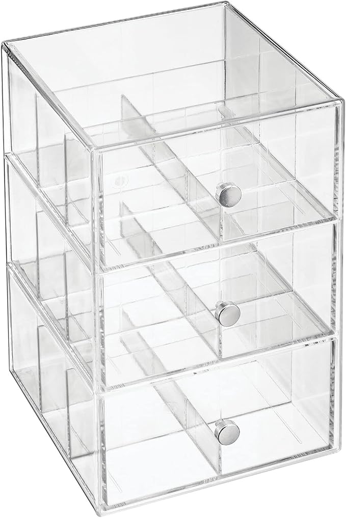 mDesign Plastic Wide Kitchen Pantry, Cabinet, Countertop Organizer Storage Station with 3 Drawers for Coffee, Tea, Sugar Packets, Sweeteners, Creamers, Drink Pods, Packets; 18 Sections - Clear