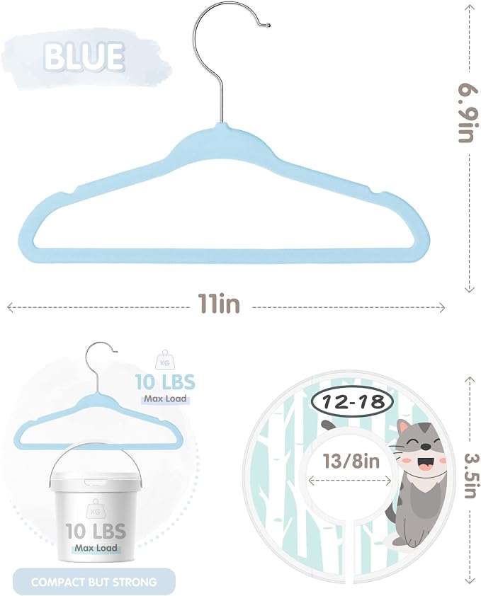 VIS'V Velvet Baby Hangers with 6 Pcs Size Dividers, 11 Inch, Blue, 50 Pcs | Compact Size, Non Slip, Infant Toddler Nursery Closet Organization